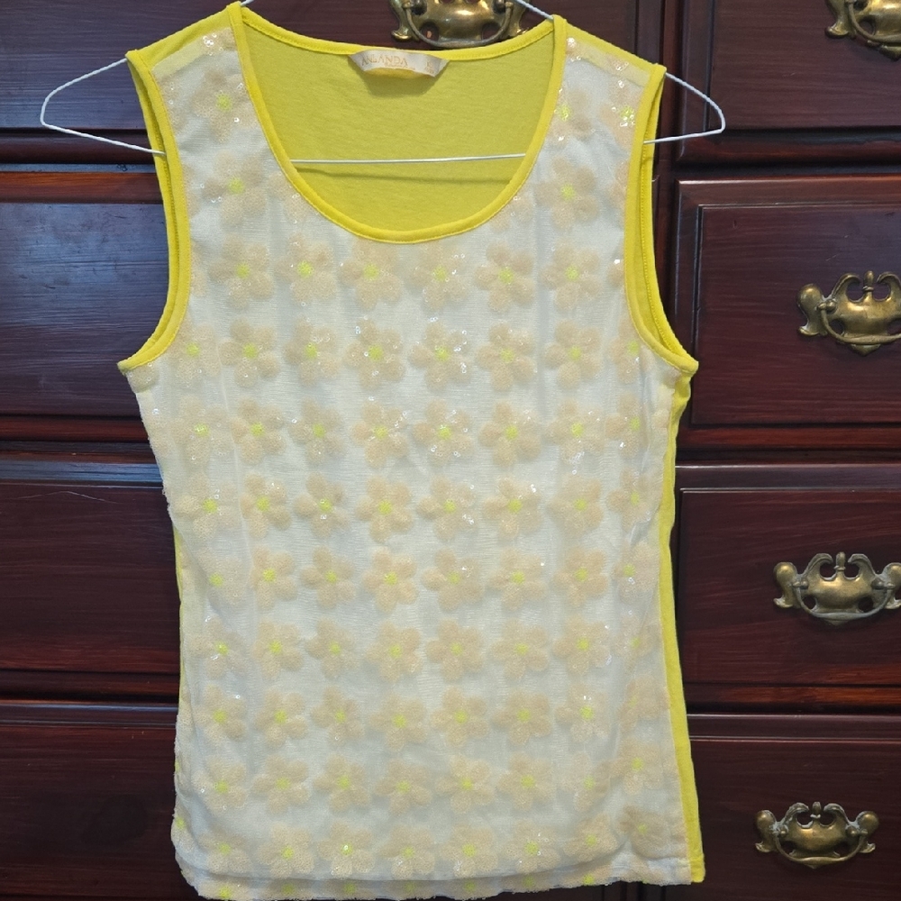 Anlanda Sunny Yellow Sleeveless Top W/ Pink Sequined Daisys On Mesh Front XL